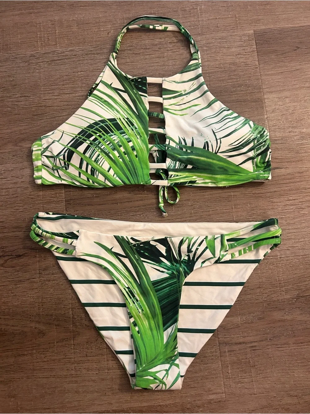 Bikini Set Womens Size M Green Reversible Tropical Leaf